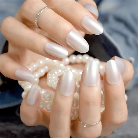 shiny pearl white fake nails small  false nail tips full cover