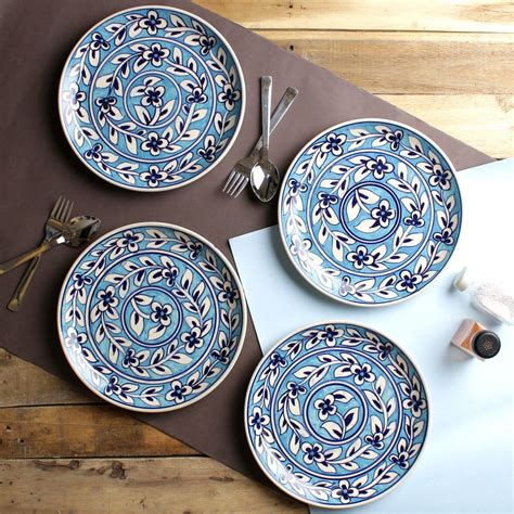 blue hand painted   ceramic dinner plates set   buy   miahdecor store