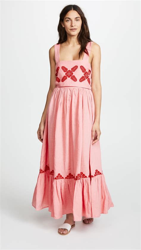pink linen embroidery women maxi dress summer