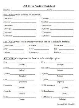 spanish  basic conjugation practice worksheet  ar verbs tpt