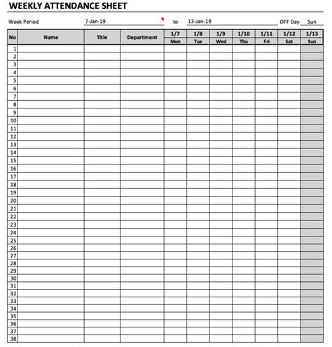 attendance chart template  printable