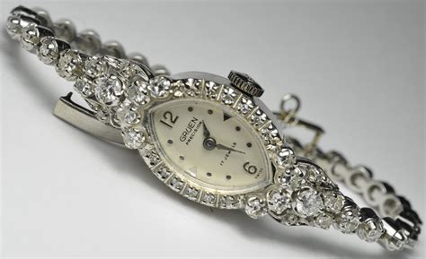 white gold ladies vintage gruen diamond wrist  cts    tangible investments