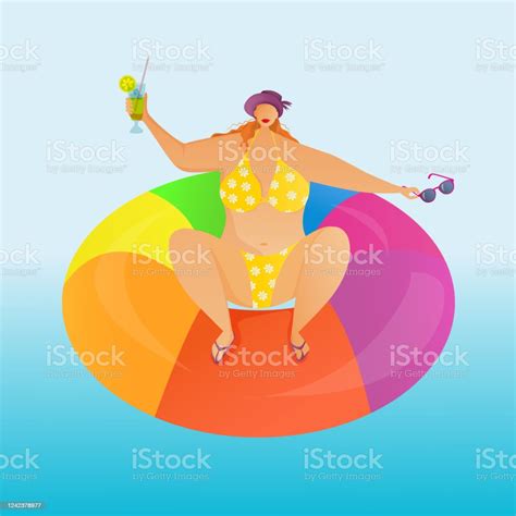 Plump Girl In A Swimsuit With A Swimming Circle Vector Illustration