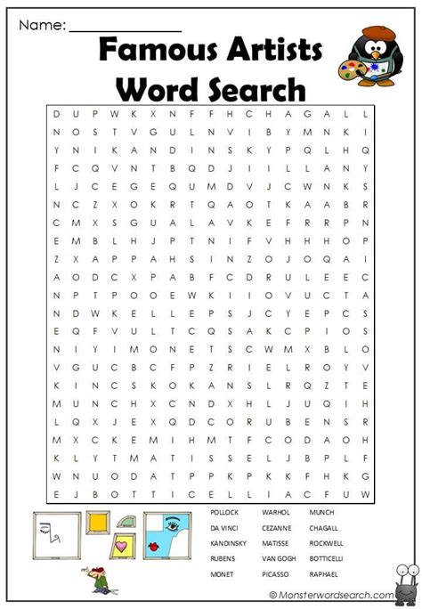 famous artists word search famous artists word find reading