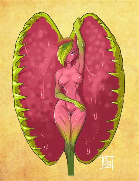 1girl breasts cropped legs dalehan freckles green skin inverted nipples leaf leaf on head