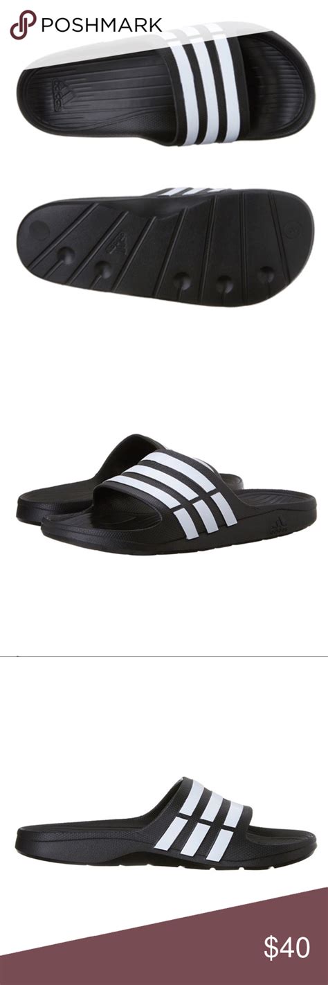 adidas duramo  sandal  men color black white signature  stripes accent  vamp