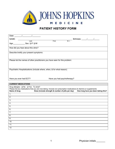 Patient History Form Johns Hopkins Medicine