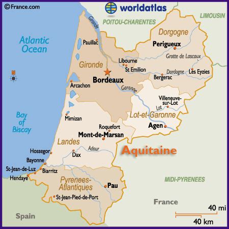 map   aquitaine region  france including toulouse rodez lourdes