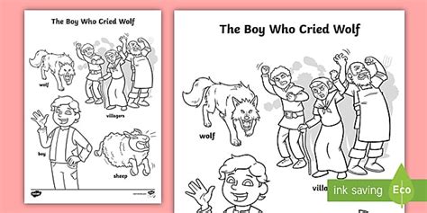 boy  cried wolf words colouring sheet teacher