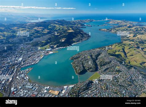 dunedin  otago harbour otago south island  zealand aerial stock photo royalty