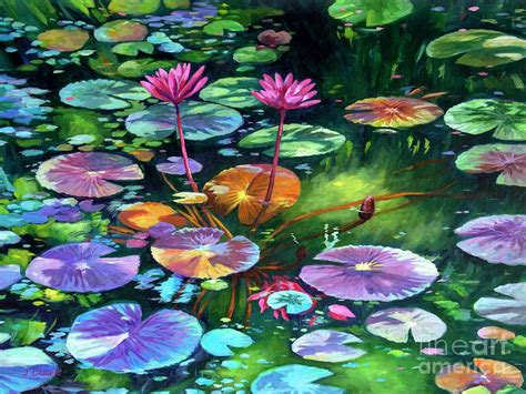 pink painting pink water lilies  lily pads  john clark water