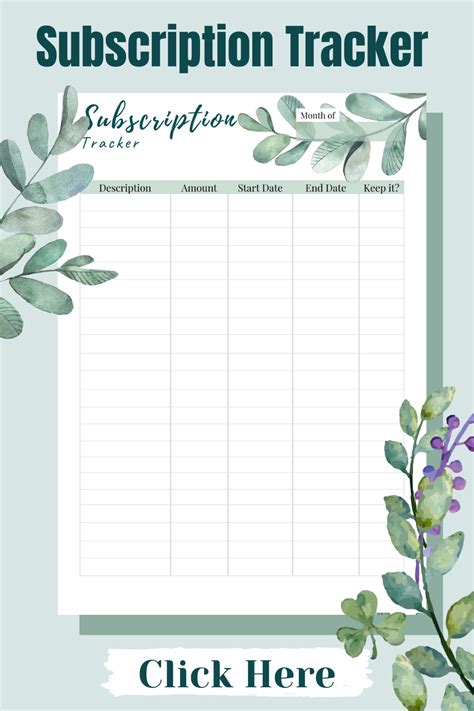 subscription tracker printable membership tracker monthly