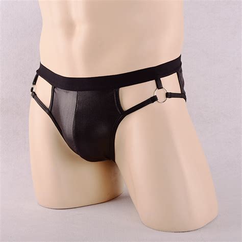 new style men faux leather underwear hollow out men briefs backless