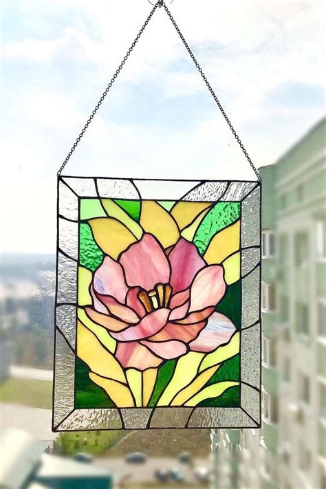 peony stained glass panel window hanging stained glass home etsy