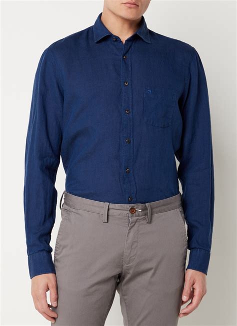olymp modern fit overhemd van linnen met logo donkerblauw de bijenkorf