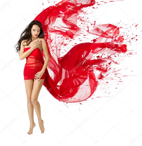 Woman In Red Blowing Flying Dress Dissolving In Splash