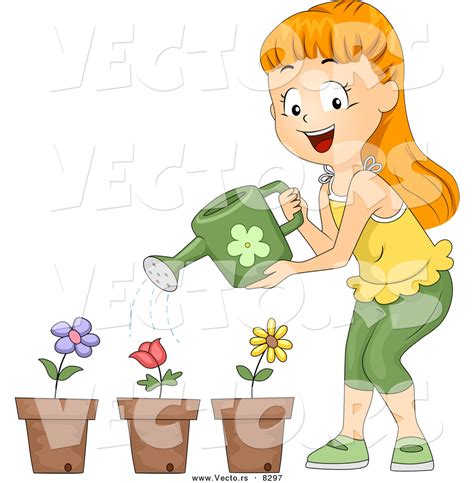 Vector Of A Happy Cartoon Girl Watering 3 Potted Flowers By Bnp Design