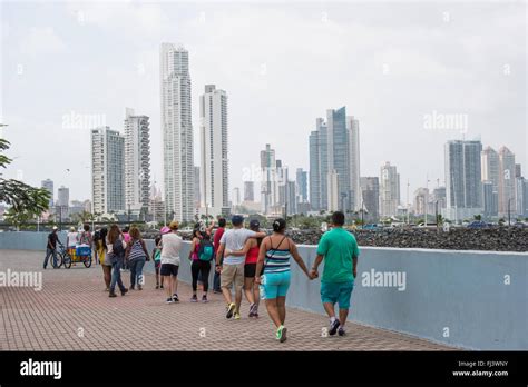 Panama City Panama People Enjoying The Waterfront Boardwalk In Casco