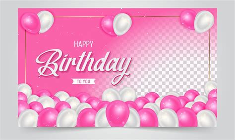 happy birthday banner design  pink  white balloons illustration