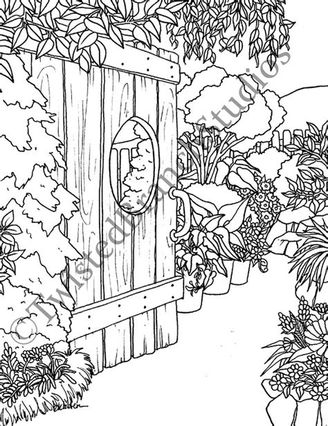 garden gate coloring page instant  digital coloring etsy