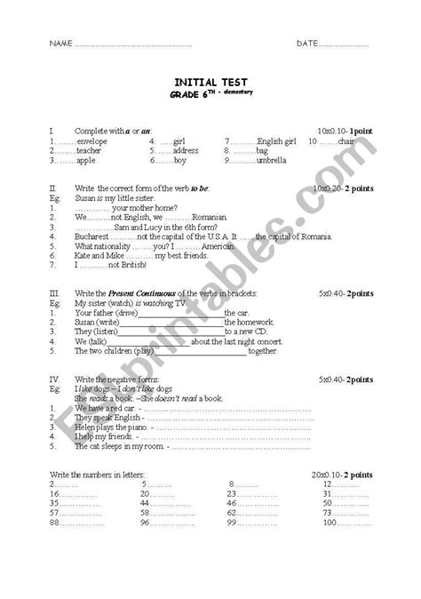 english worksheets initial test paper  grade