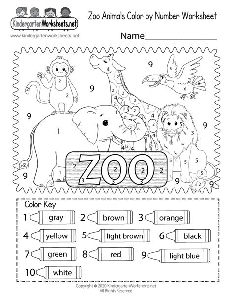 zoo animals color  number worksheet  printable digital