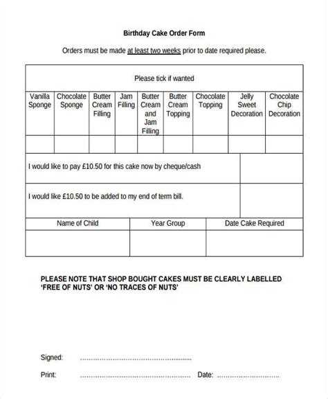 cake order forms  samples examples format