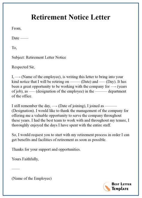 retirement notice letter  letter template retirement letter
