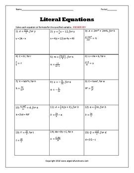 solving literal equations worksheet  algebra funsheets tpt
