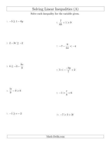 solving linear inequalities mixed questions  algebra worksheet