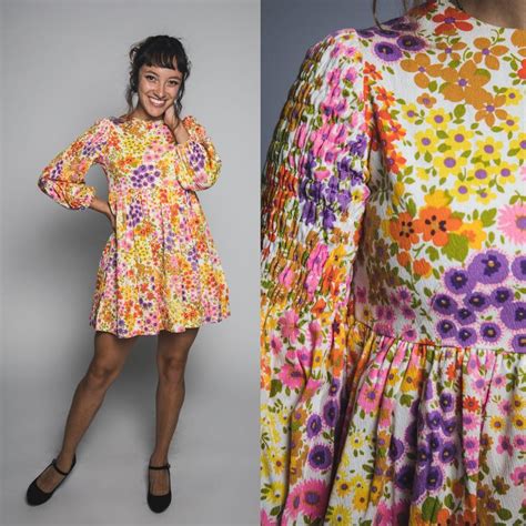 1960s psychedelic mini flower dress with smocked long sleeves etsy