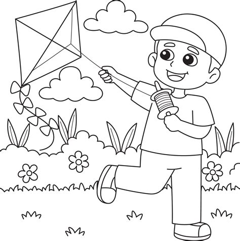 spring boy flying  kite coloring page  kids  vector art