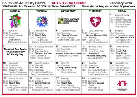 South Vancouver And Beulah Adult Day Programs February 2013 Calendar