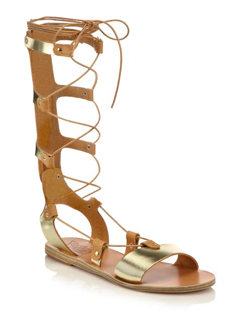 ancient greek sandals thebes metallic leather tall gladiator sandals in