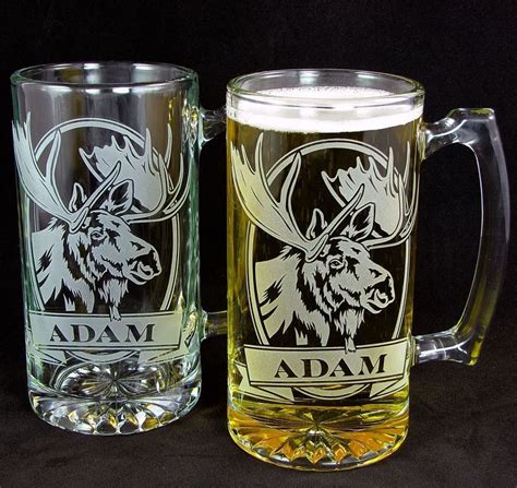 2 Personalized Moose Beer Mugs Etched Glass Wildlife T For