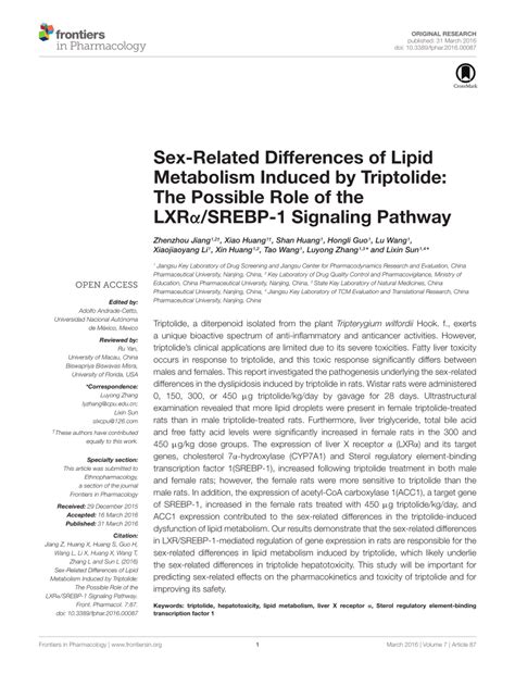 Pdf Sex Related Differences Of Lipid Metabolism Induced By Triptolide