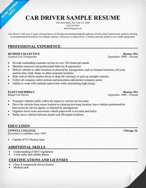 driver resume format  word   car driver resume sample resume