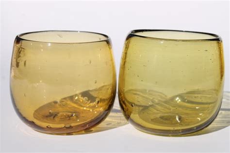 Mexican Hand Blown Amber Glass Roly Poly Drinking Glasses Retro Short