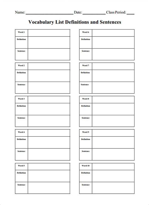 blank vocabulary worksheet templates word