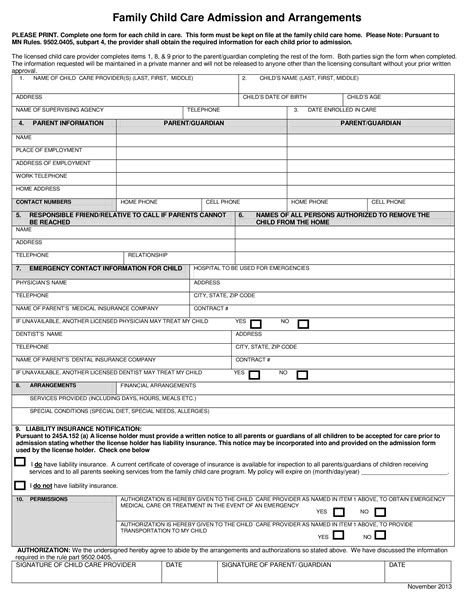 daycare application form templates  allbusinesstemplatescom