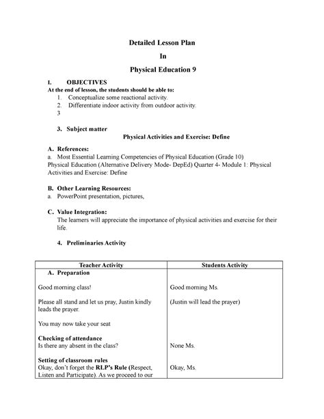 detailed lesson plan  physical education  detailed lesson plan
