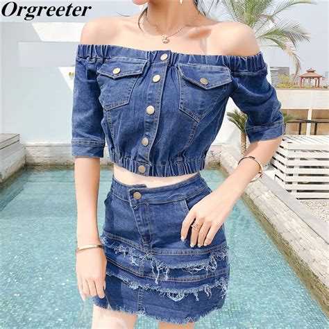 High Street Women Off The Shoulder Denim Skirt Sets 2019 Summer Sexy