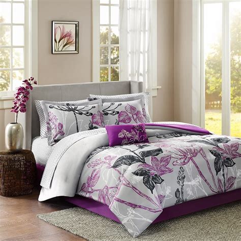 Purple Black And Grey Reversible Floral Comforter Set And Matching Sheet
