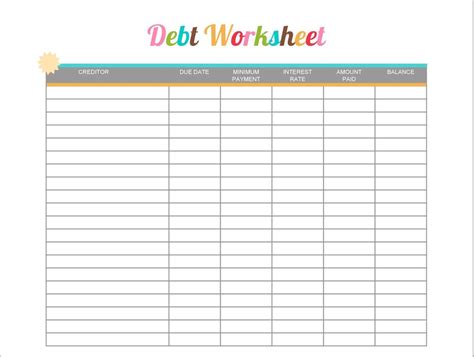 debt worksheet printable  printable printable debt snowball