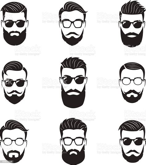 Set Of Vector Bearded Men Faces Hipsters With Different Hairstyles