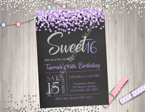 sweet  birthday party invitation invite silver purple lavender sweet