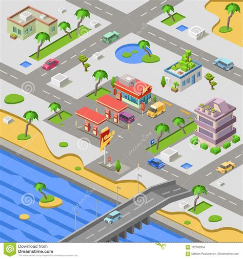 gas station  city map isometric  illustration  cars petrol fuel filling station