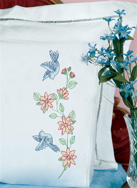 jack dempsey needle art birds flowers pillowcase set