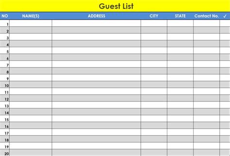 guest list template excel word template
