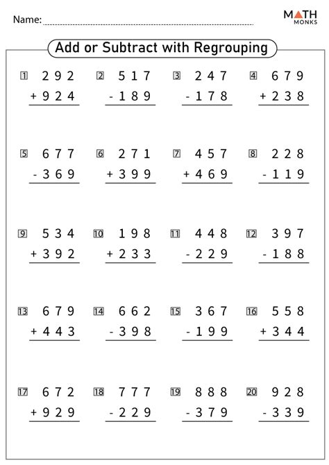 addition  subtraction  regrouping worksheets  answer key